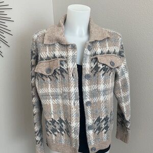 Tahari Tan and Gray Plaid Women's Sweater Jacket